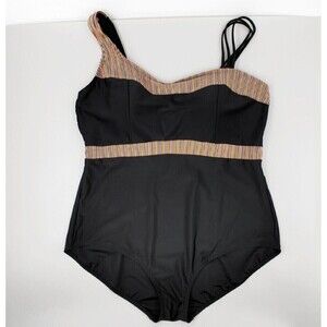 Ulla Popken Swimsuit Womens 28 Black Rainbow Stripe Strap Front Self-Bra Lined